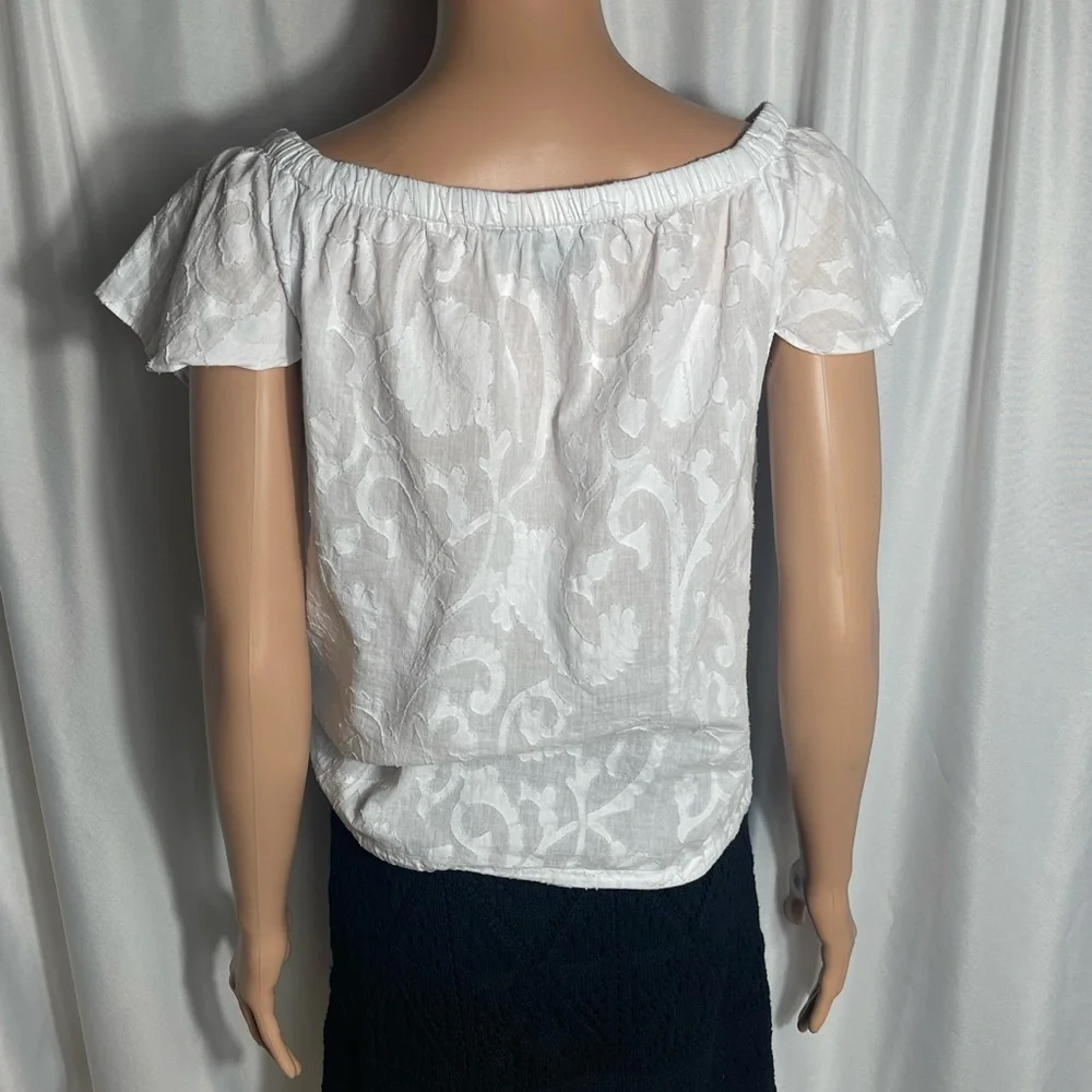 Laundry By Shelli Segal White Textured Cotton Blouse Flutter Sleeve Small - Picture 9 of 11